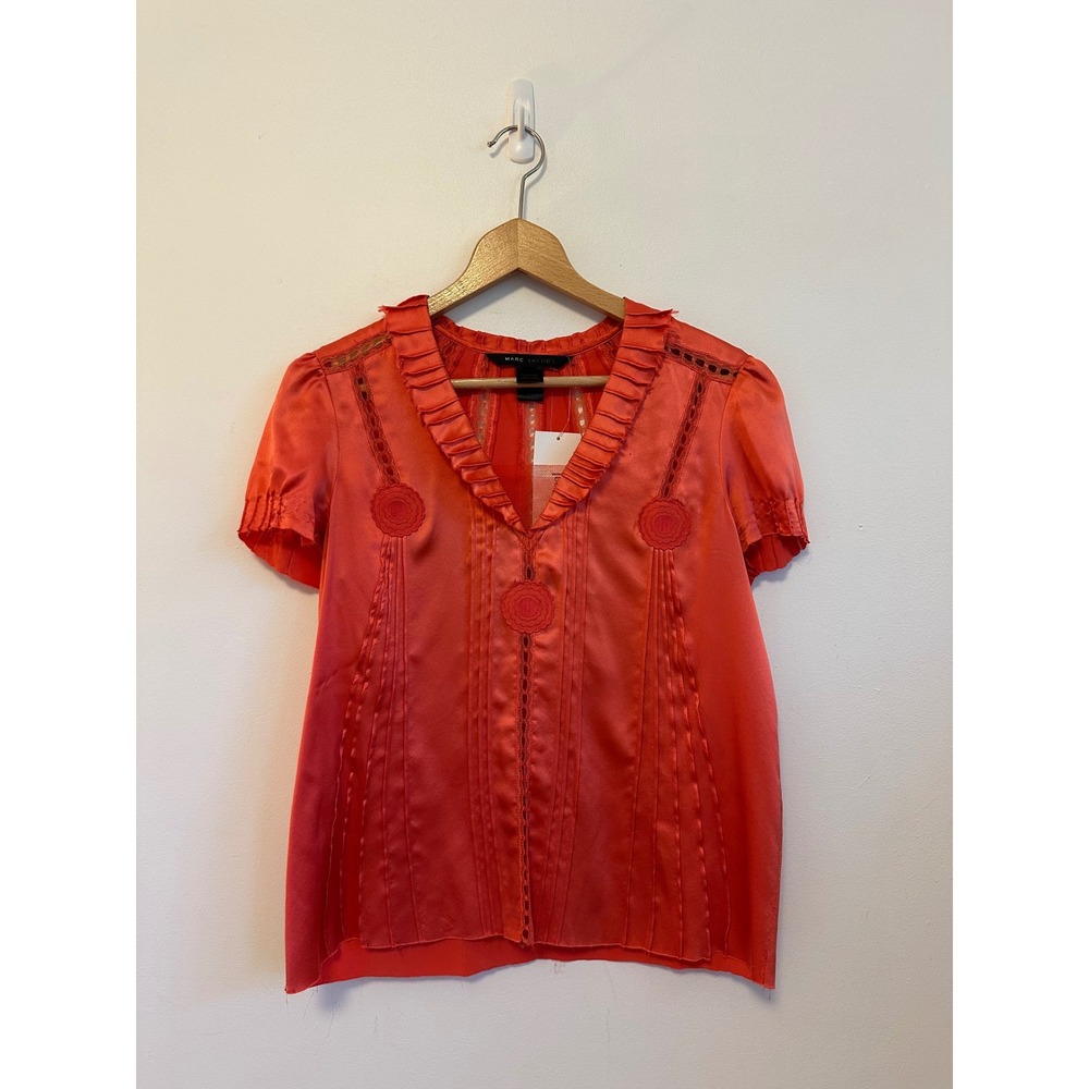Marc Jacobs Silk Lace Coral Orange Ruffle V-Neck Blouse | Size Small